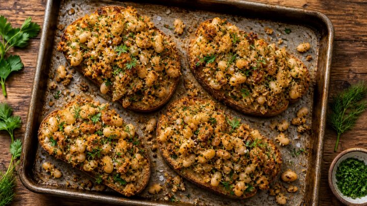 Crispy herby white bean toast crumbles on a sheet pan, golden and aromatic