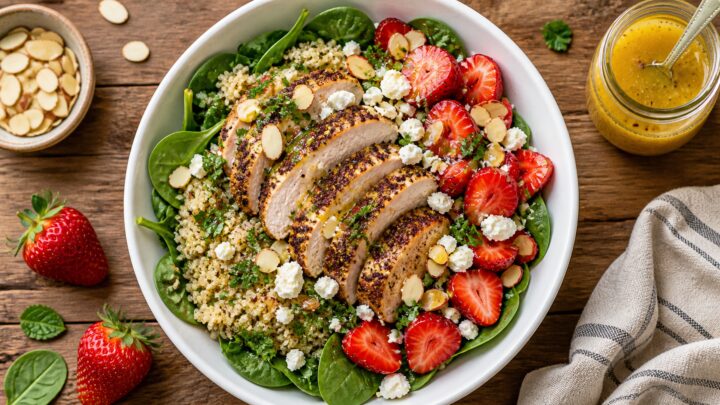 Strawberry Sumac Chicken Grain Bowls with quinoa, spinach, sliced chicken, strawberries, feta, almonds, and lemon vinaigrette in a white bowl.