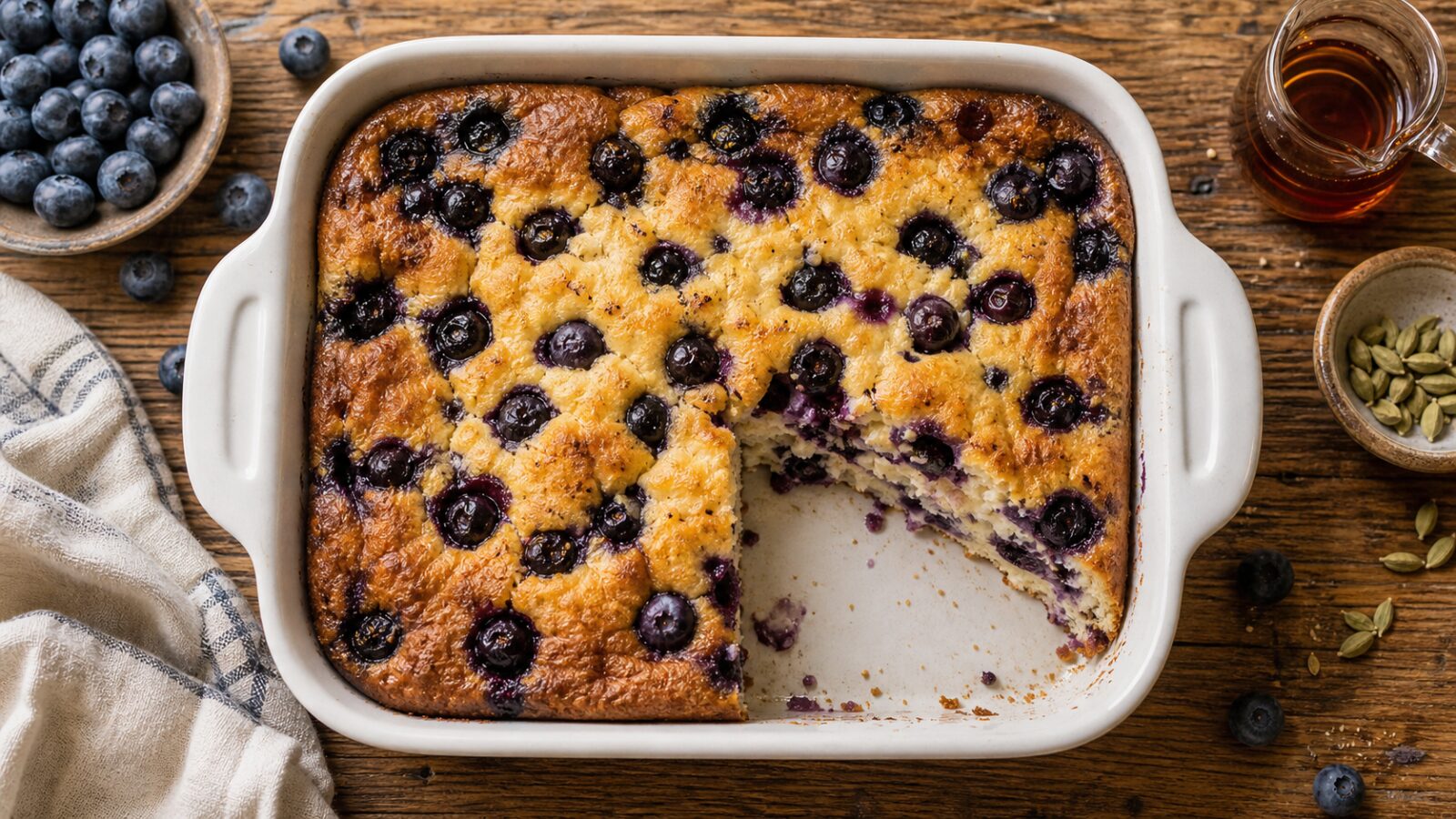 Golden blueberry cardamom cottage cheese pancake bake in a baking dish with blueberries scattered on top