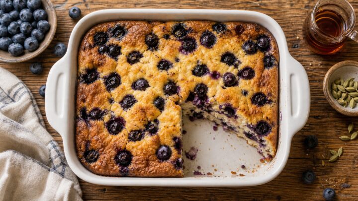 Golden blueberry cardamom cottage cheese pancake bake in a baking dish with blueberries scattered on top