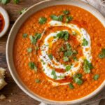 A bowl of hot honey harissa carrot lentil soup garnished with a swirl of yogurt, fresh cilantro, and a drizzle of hot honey, served on a wooden table with bread on the side.