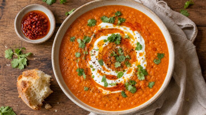 A bowl of hot honey harissa carrot lentil soup garnished with a swirl of yogurt, fresh cilantro, and a drizzle of hot honey, served on a wooden table with bread on the side.