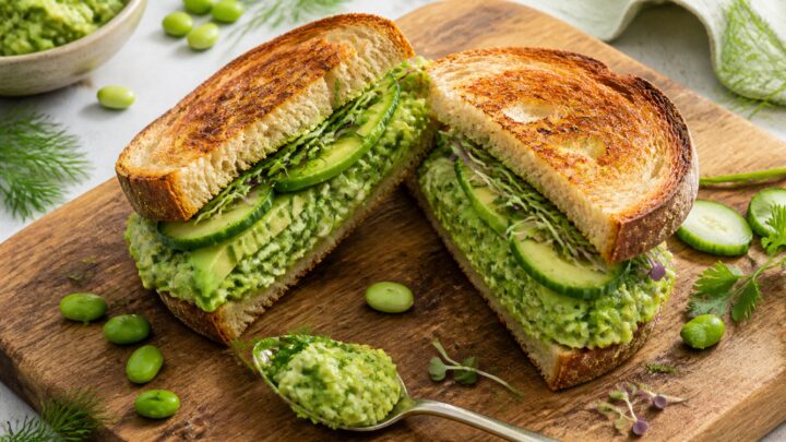 Smashed edamame green goddess sandwich on toasted bread with avocado, cucumber, and sprouts on a wooden cutting board.