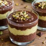 Dubai Chocolate Chia Pudding Parfaits in clear glass cups, layered with chocolate pudding, pistachio filling, and topped with a shiny chocolate shell and crushed pistachios.