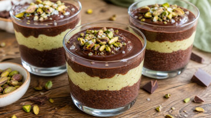 Dubai Chocolate Chia Pudding Parfaits in clear glass cups, layered with chocolate pudding, pistachio filling, and topped with a shiny chocolate shell and crushed pistachios.