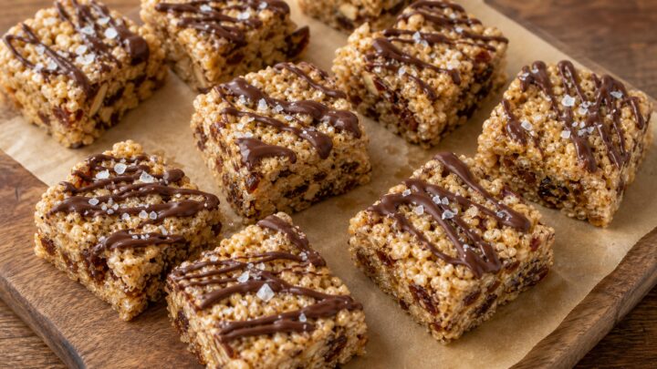 Brown butter tahini rice krispie date bars cut into squares on a parchment-lined pan