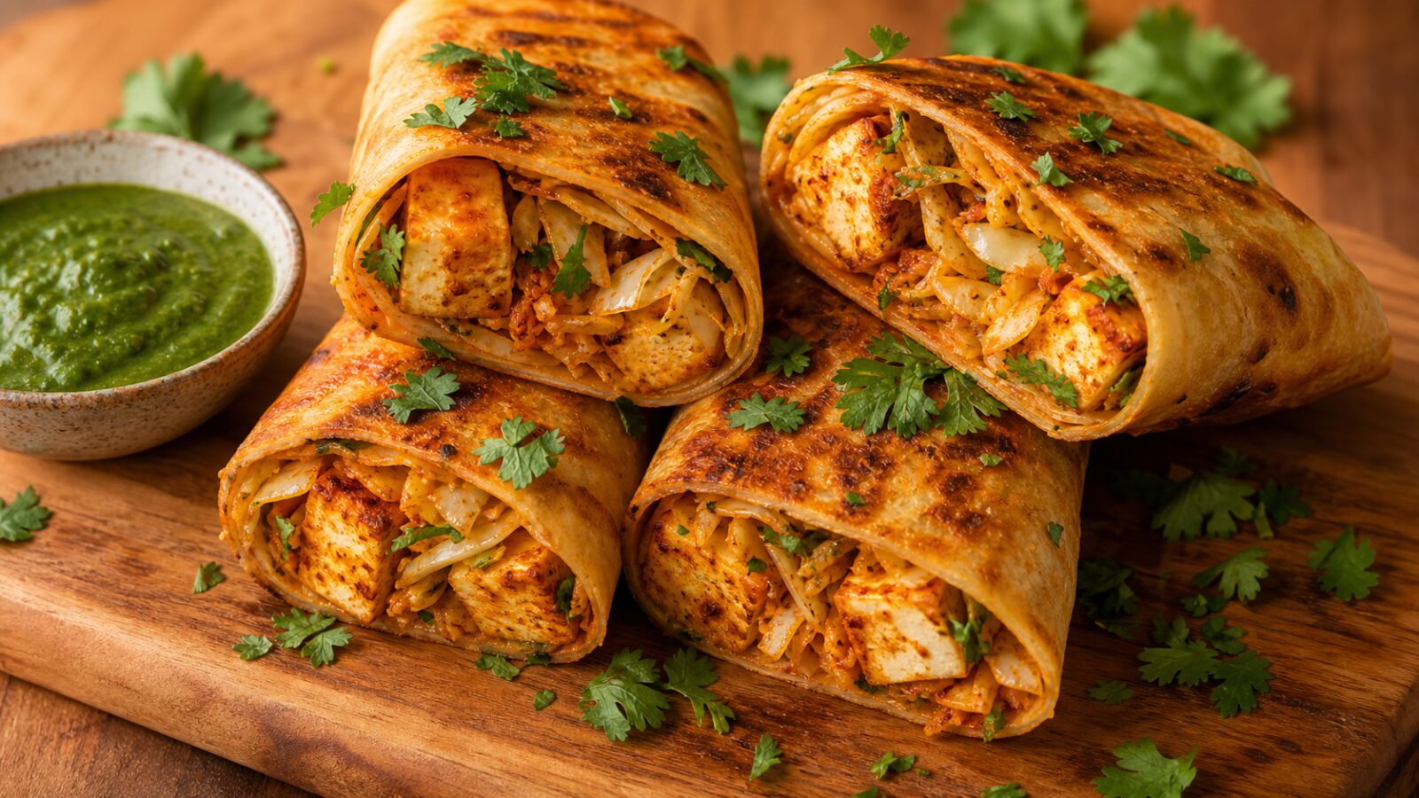 Air fryer tandoori cabbage paneer wraps golden and crispy on a plate with mint chutney