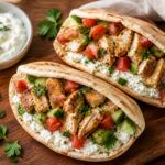 Chicken shawarma cottage cheese stuffed pitas on a plate with fresh parsley and tomatoes