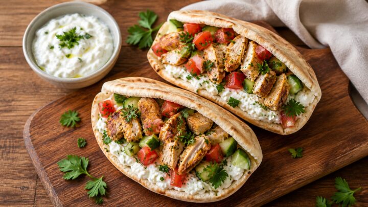Chicken shawarma cottage cheese stuffed pitas on a plate with fresh parsley and tomatoes