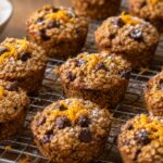 Chocolate Orange Ricotta Muffin Oats on a cooling rack with orange slices and dark chocolate chips visible