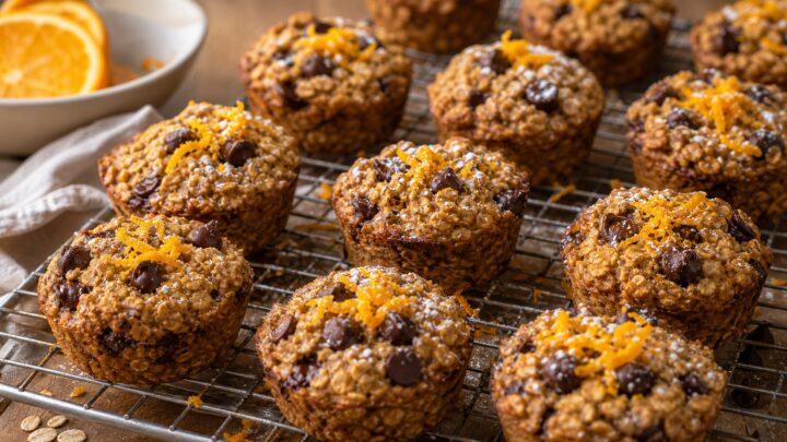Chocolate Orange Ricotta Muffin Oats on a cooling rack with orange slices and dark chocolate chips visible