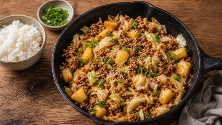 Swicy pineapple cabbage turkey skillet in a cast iron pan with green onions and sesame seeds garnish