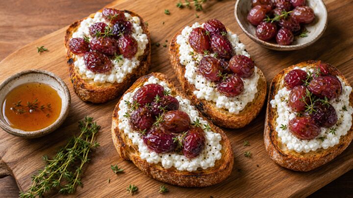 Roasted grape and thyme cottage cheese toasts on a wooden board, with red grapes and fresh thyme garnish.