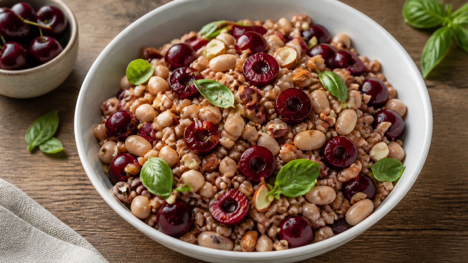 Cherry balsamic farro bowl with white beans, fresh cherries, and basil on a white plate, topped with toasted almonds, perfect for meal prep.