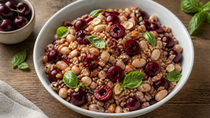 Cherry balsamic farro bowl with white beans, fresh cherries, and basil on a white plate, topped with toasted almonds, perfect for meal prep.