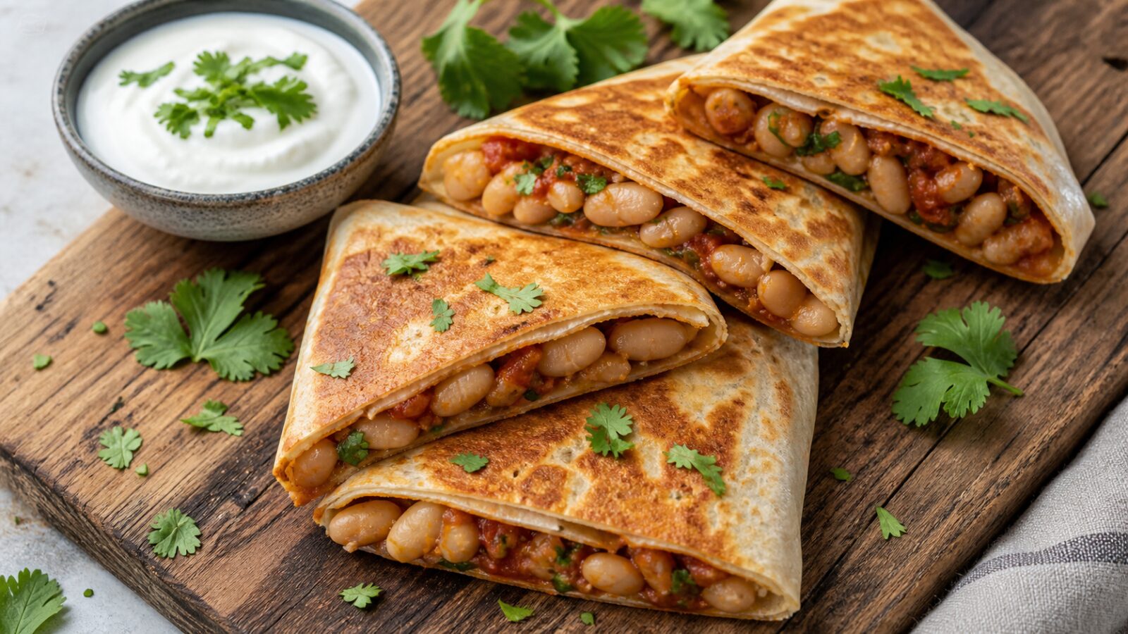 Golden brown harissa butter bean crunch wraps cut in half, served with cilantro and yogurt on a wooden board.