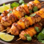 Air fryer mango tajin chicken skewers on a plate with lime wedges and cilantro, sweet and spicy dinner