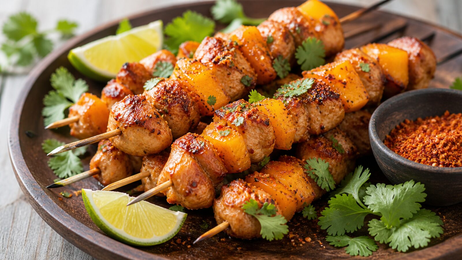 Air fryer mango tajin chicken skewers on a plate with lime wedges and cilantro, sweet and spicy dinner