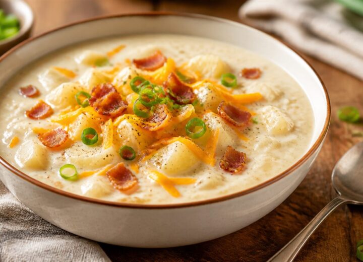 A bowl of creamy potato soup topped with cheddar cheese, bacon bits, and green onions on a rustic table.