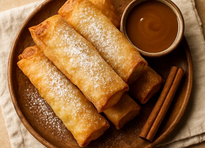 Crispy air fryer apple pie egg rolls on a plate with powdered sugar and caramel sauce