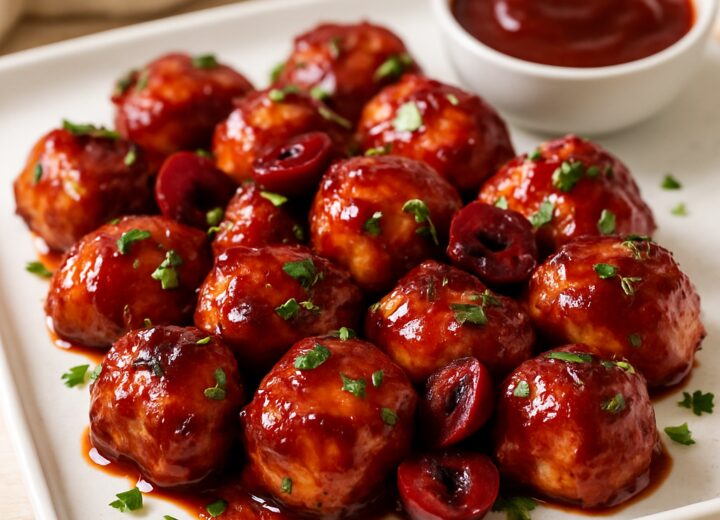Air fryer cherry BBQ chicken bites glazed with sticky cherry barbecue sauce served on a white platter