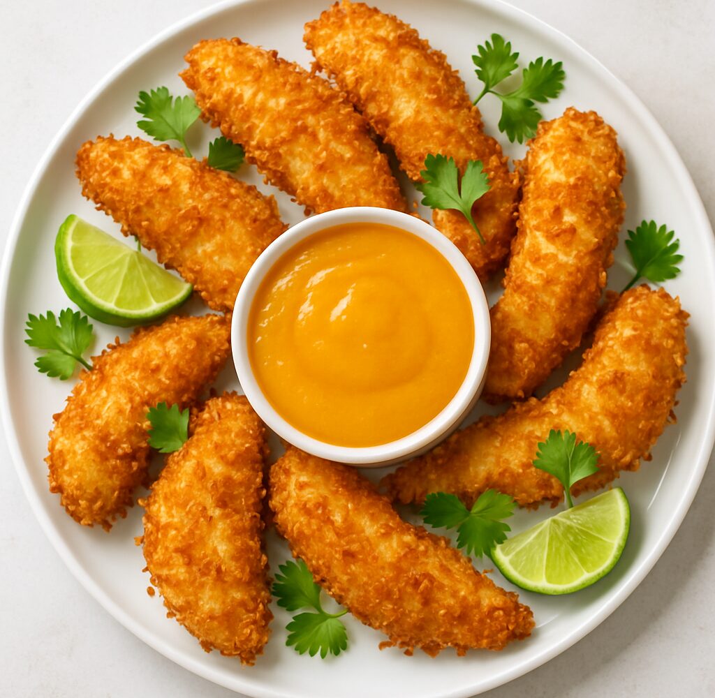 Crispy air fryer coconut chicken tenders on a plate with a bowl of mango dipping sauce, garnished with lime wedges and cilantro.