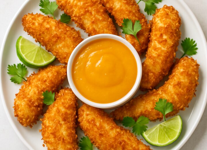 Crispy air fryer coconut chicken tenders on a plate with a bowl of mango dipping sauce, garnished with lime wedges and cilantro.