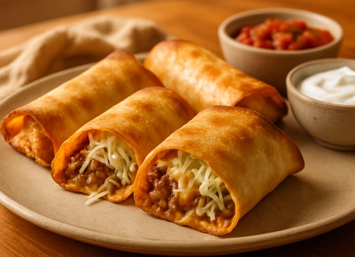 Air fryer crispy cabbage taco wraps served golden brown with taco filling, melted cheese, and salsa on a family dinner plate.