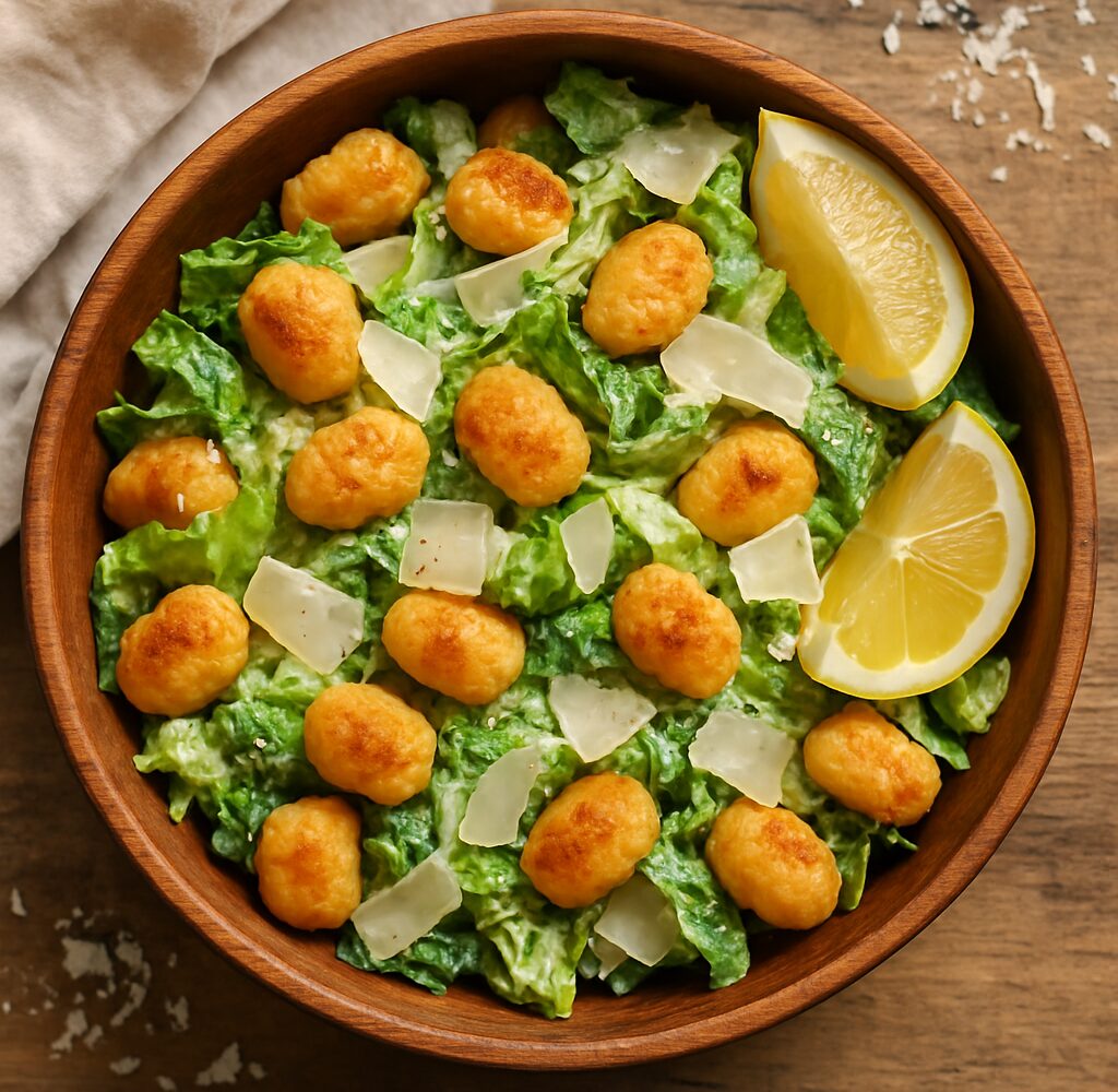 Air fryer crispy gnocchi caesar salad in a wooden bowl with Parmesan shavings and fresh romaine