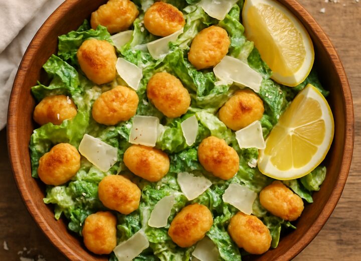 Air fryer crispy gnocchi caesar salad in a wooden bowl with Parmesan shavings and fresh romaine