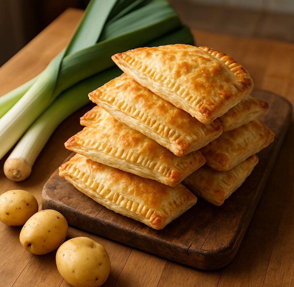 Golden brown air fryer potato leek hand pies on a wire rack with fresh parsley garnish