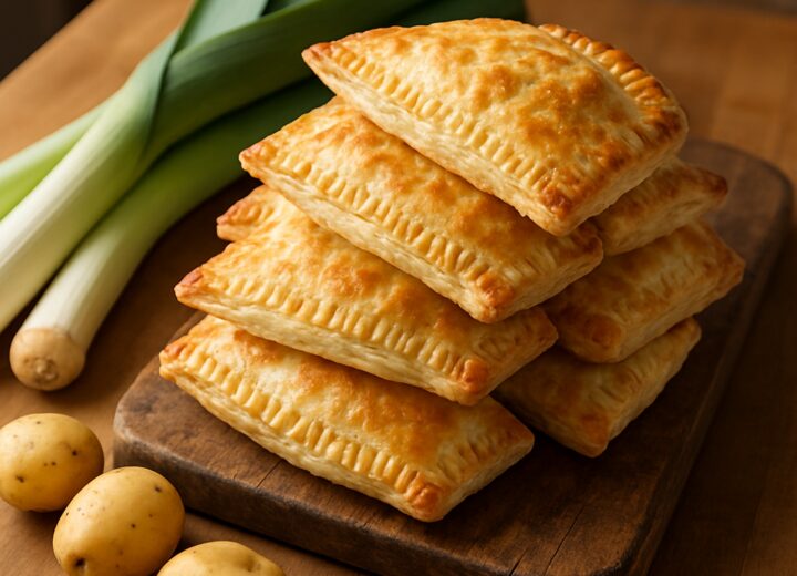 Golden brown air fryer potato leek hand pies on a wire rack with fresh parsley garnish