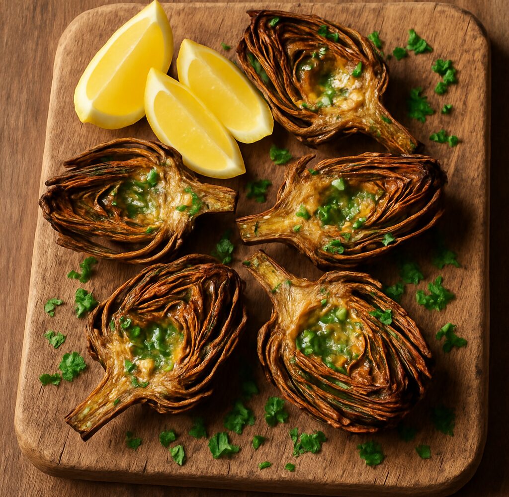 Air fryer garlic butter artichokes on a white plate with lemon wedges and parsley garnish