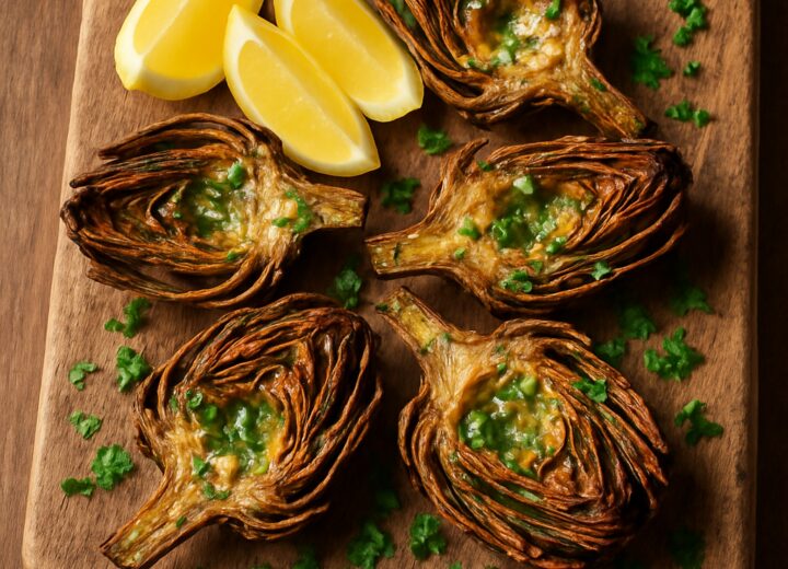 Air fryer garlic butter artichokes on a white plate with lemon wedges and parsley garnish