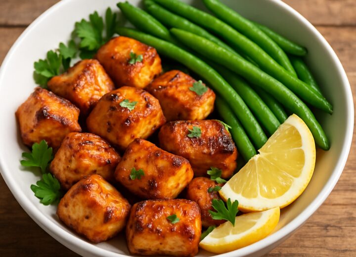 Air fryer honey mustard salmon bites with green beans in a white serving dish, garnished with parsley and lemon wedges.