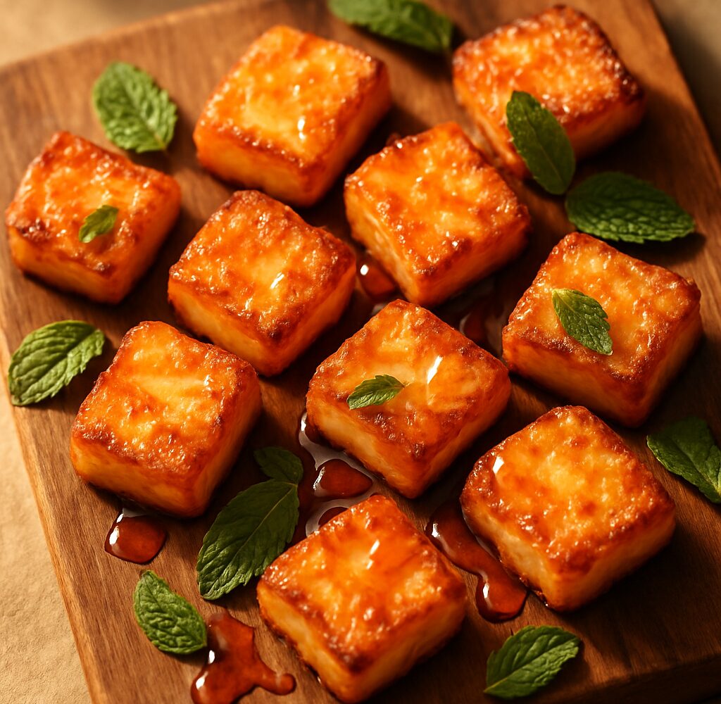Crispy air fryer halloumi bites drizzled with hot honey on a white plate, garnished with fresh mint leaves