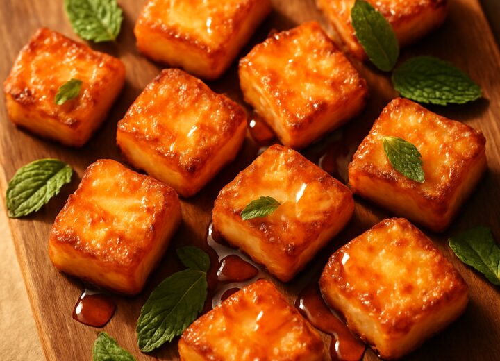 Crispy air fryer halloumi bites drizzled with hot honey on a white plate, garnished with fresh mint leaves
