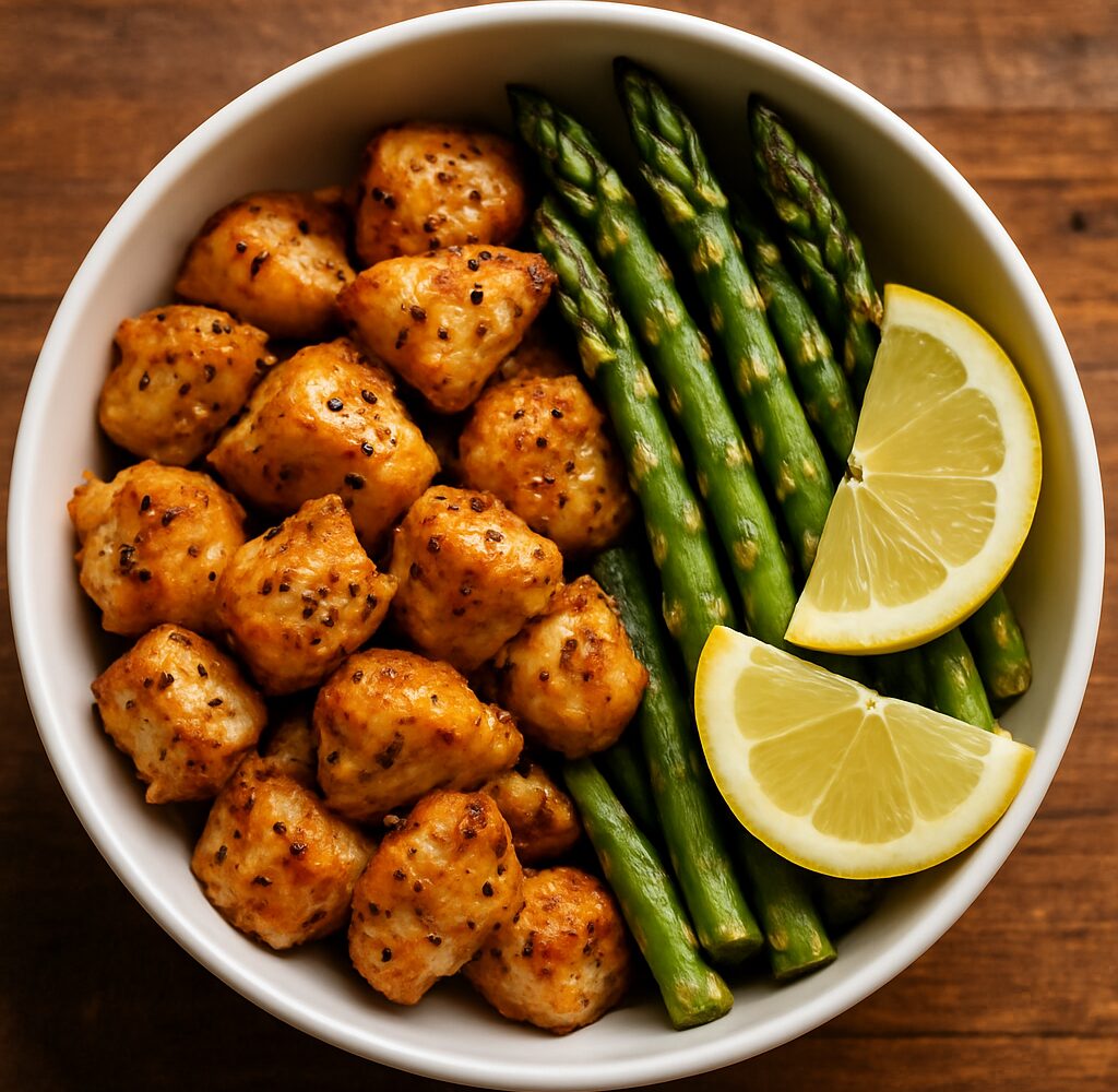 Air fryer lemon pepper chicken bites with roasted asparagus in a white bowl, garnished with lemon wedges