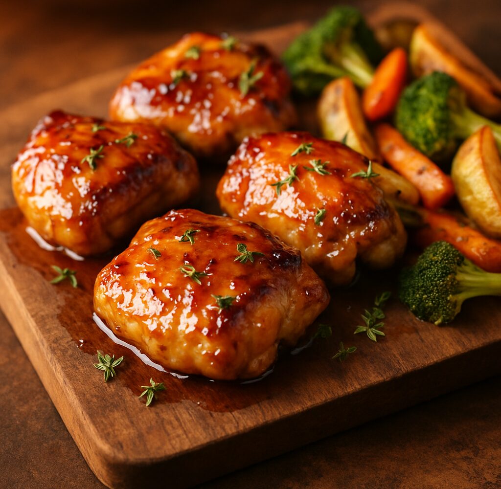 Sticky air fryer maple dijon chicken thighs on a white plate with fresh parsley garnish