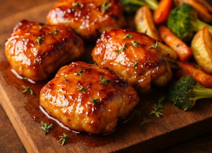 Sticky air fryer maple dijon chicken thighs on a white plate with fresh parsley garnish