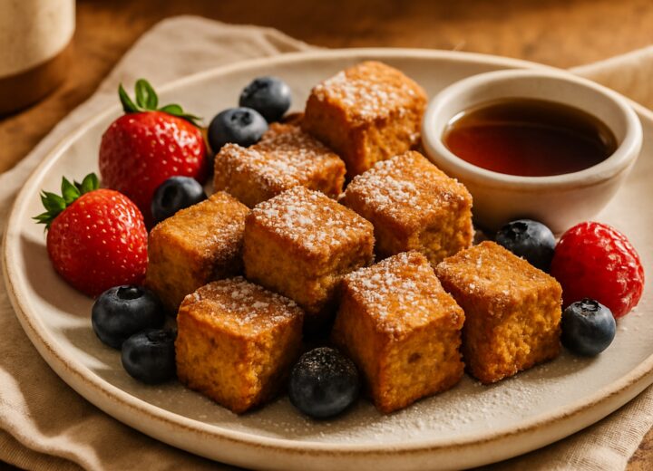 Air fryer protein French toast bites served on a plate with maple syrup, berries, and powdered sugar