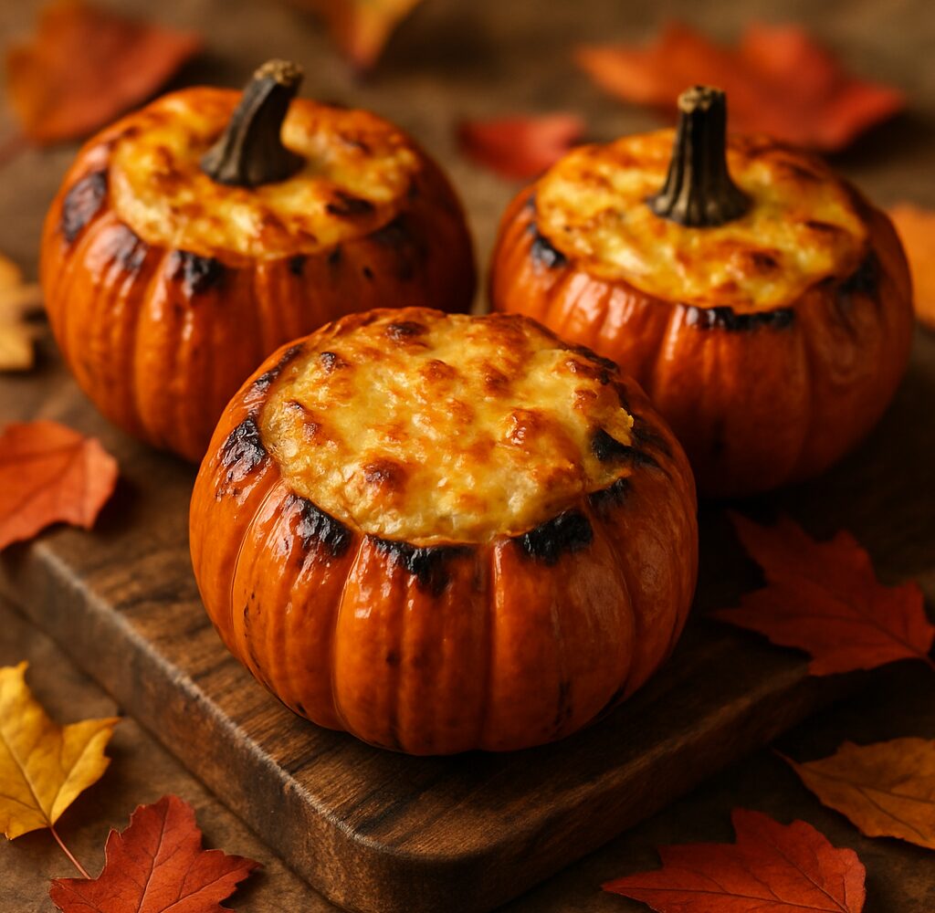 Air fryer stuffed mini pumpkins with golden cheese filling on a wooden board