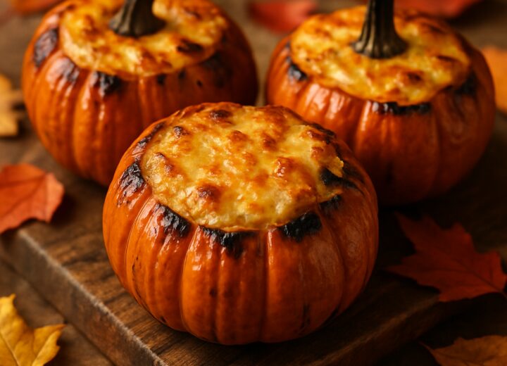 Air fryer stuffed mini pumpkins with golden cheese filling on a wooden board