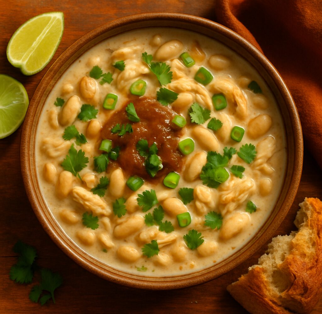 A bowl of creamy apple butter white chicken chili garnished with cilantro and green onions, served with lime wedges.