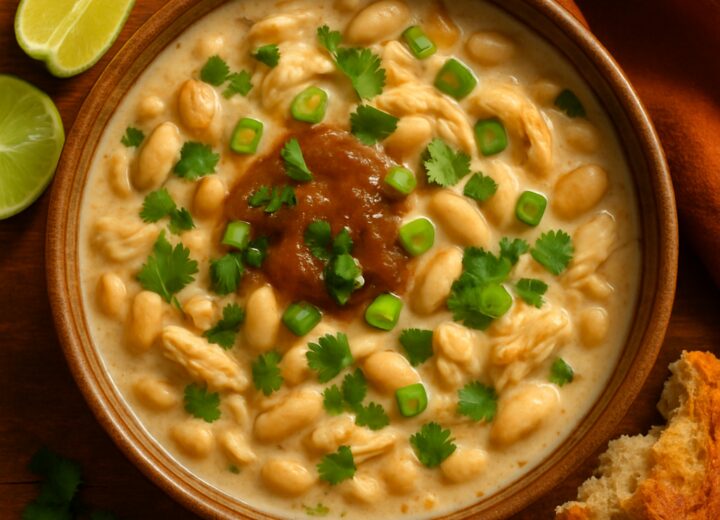 A bowl of creamy apple butter white chicken chili garnished with cilantro and green onions, served with lime wedges.