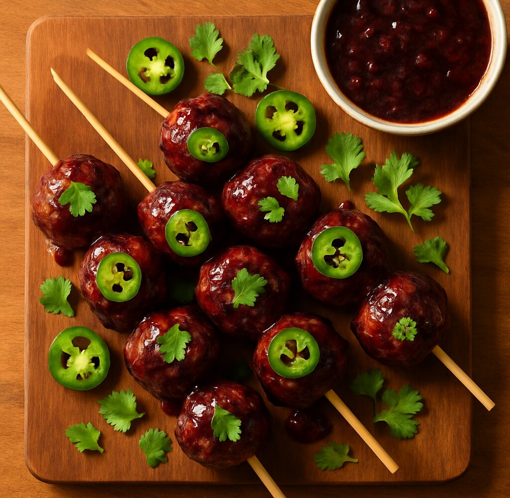 Blackberry jalapeno chicken meatball skewers on a grill with glaze glistening