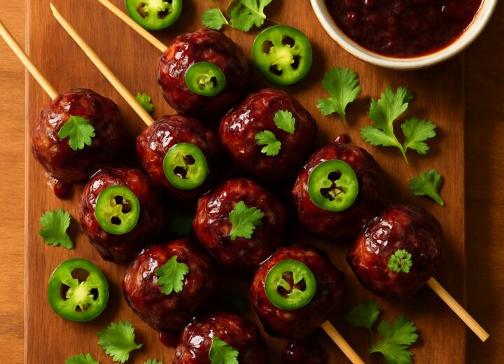Blackberry jalapeno chicken meatball skewers on a grill with glaze glistening