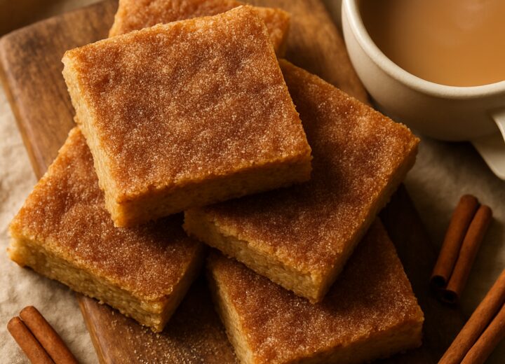 A stack of brown butter chai snickerdoodle bars on a wooden board, topped with cinnamon sugar, with a cup of chai tea and cinnamon sticks nearby.