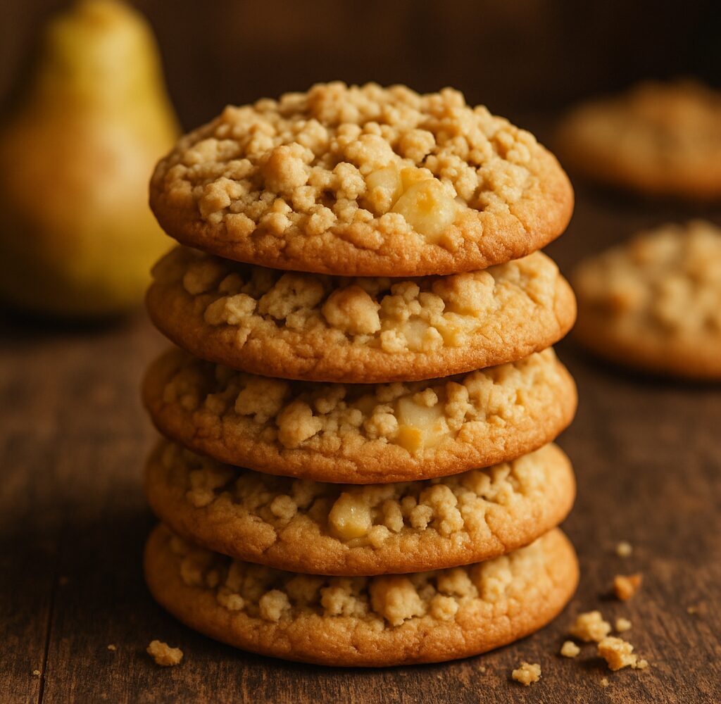 Brown butter pear crumble cookies on a wire rack with crumble topping and diced pears visible
