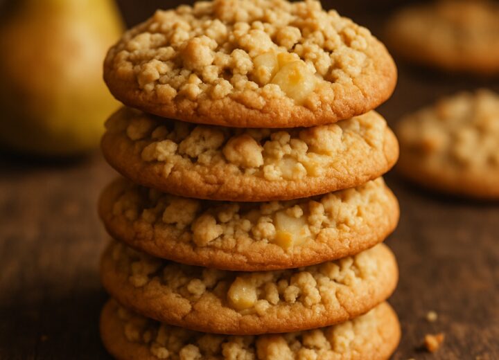 Brown butter pear crumble cookies on a wire rack with crumble topping and diced pears visible